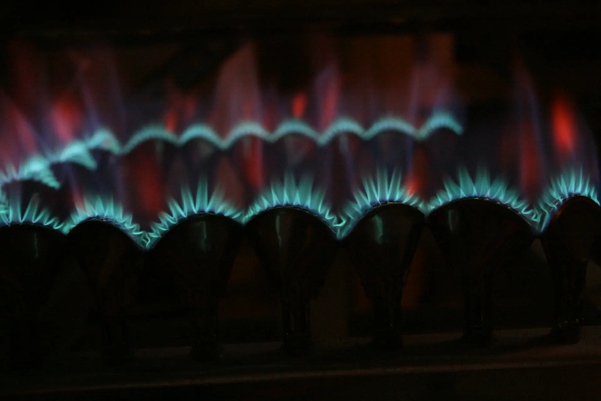 Blaue und rote Gasflammen brennen auf einer Reihe von Metallbrennern.