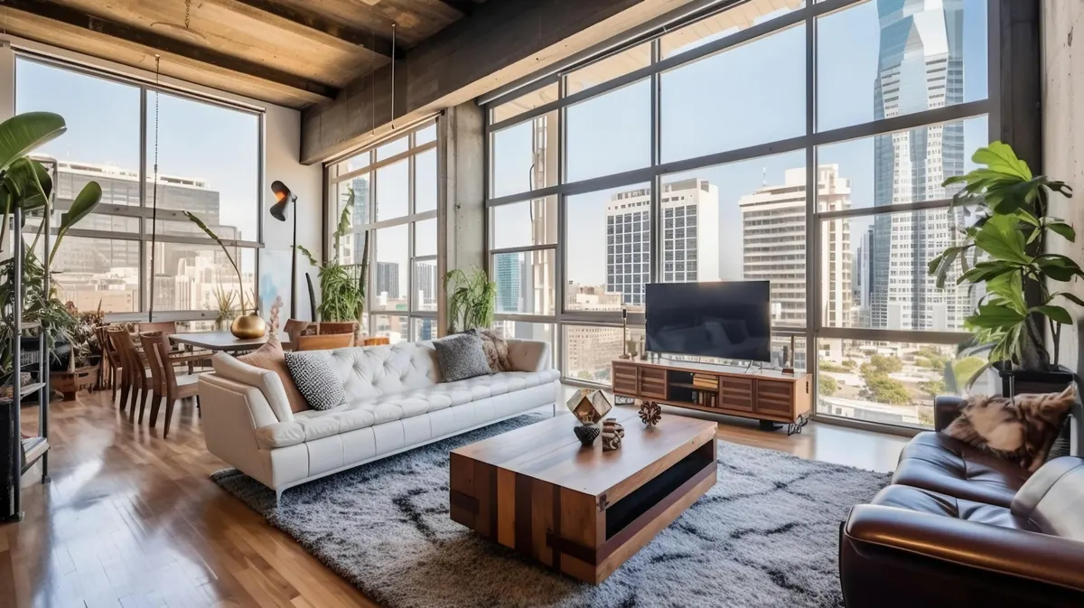Modernes Loft-Wohnzimmer mit bodentiefen Fenstern, Couch, Esstisch und Stadtblick.